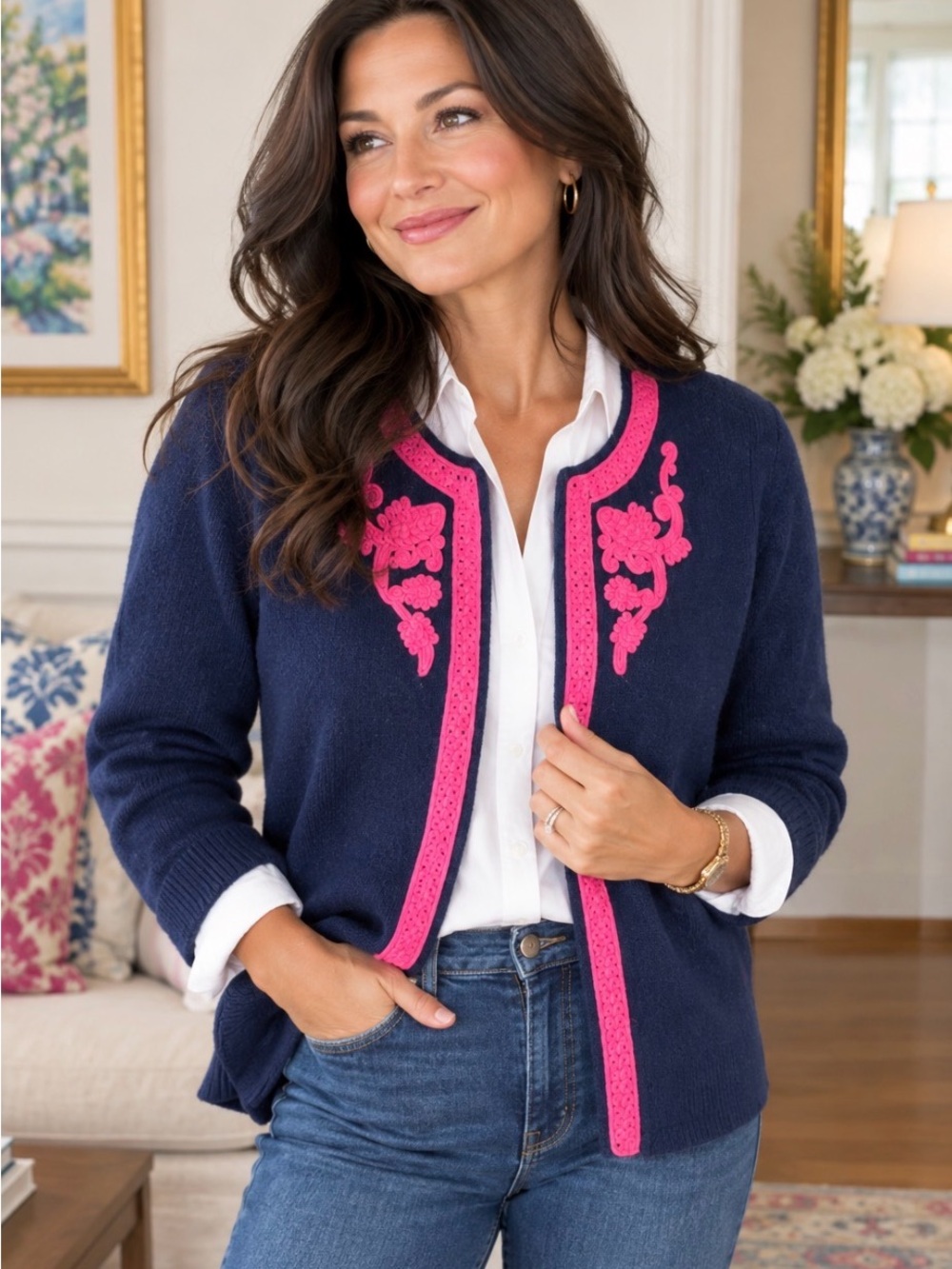 Vineyard Vines Cashmere Navy Cardigan with Pink Embroidery